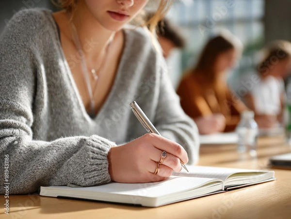 Fototapeta Young woman writing in notebook at desk, focused student in classroom with natural light, casual sweater, learning atmosphere