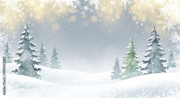 Fototapeta Eine verschneite Winterlandschaft mit ruhigen Tannen, sanftem Nebel und warmen Lichtreflexen erzeugt eine friedliche, märchenhafte Winterstimmung. Generative KI
