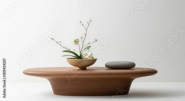 Fototapeta Minimalist floral arrangement with wooden bowl and stone on table