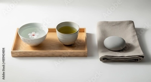Fototapeta Minimalist tea ceremony two bowls of tea and a towel on a white surface