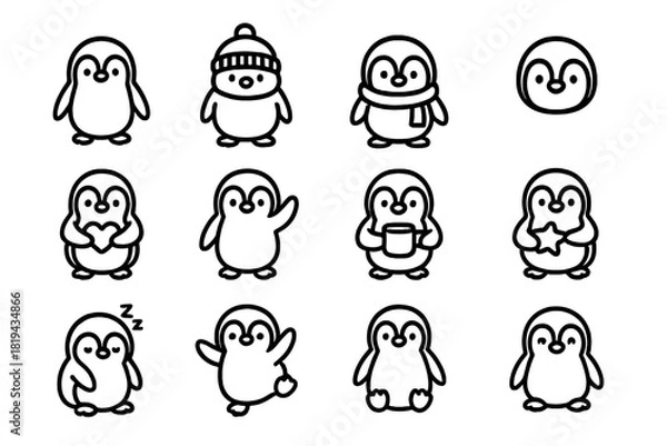 Fototapeta Cute Penguin Icons. Cute penguins. Line outline icon set of cute penguins: standing penguin, penguin with