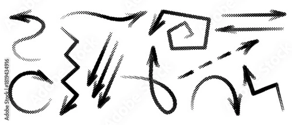 Fototapeta Hand drawn rough grunge arrow set line art. Collection doodle sketch direction sign pointer shape. Infographic element. Vector illustration