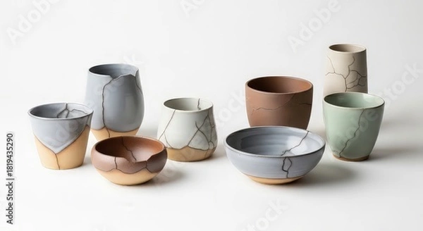 Fototapeta Collection of handcrafted ceramic vessels with unique crack patterns on white backdrop