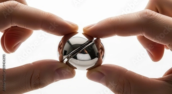 Fototapeta Hands holding a shiny metal sphere against a bright white backdrop