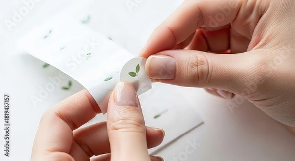 Fototapeta Womans hands peeling off small sticker with leaf design copy space