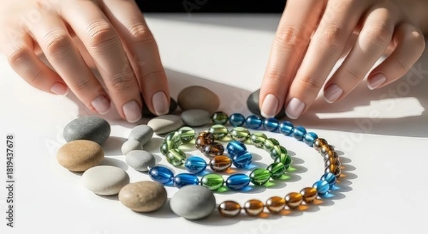 Obraz Woman arranging colorful beads and stones in spiral on white surface
