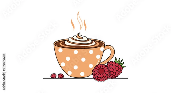 Fototapeta Cozy polka dot coffee cup with whipped cream and steaming raspberry coffee accompanied by fresh raspberries a sweet beverage illustration.