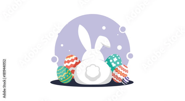 Fototapeta Flat design illustration showing the back of a white Easter bunny with a fluffy tail sitting among colorful decorated eggs.