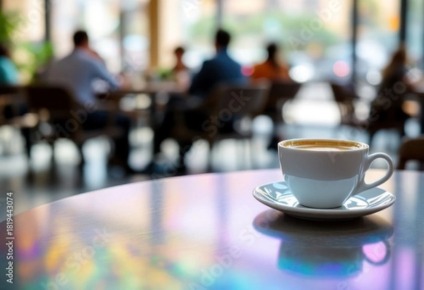 Fototapeta Coffee cup on table with blurred people in background at modern cafe