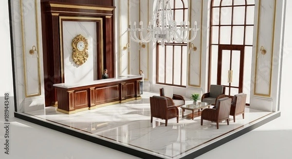Obraz Elegant reception area interior with marble floor and chandelier
