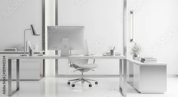 Fototapeta Modern minimalist office space with computer desk and chair monochrome design