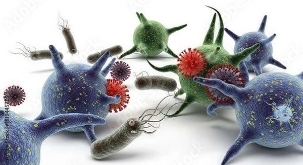 Fototapeta Conceptual illustration of immune cells attacking viruses in a scientific graphic