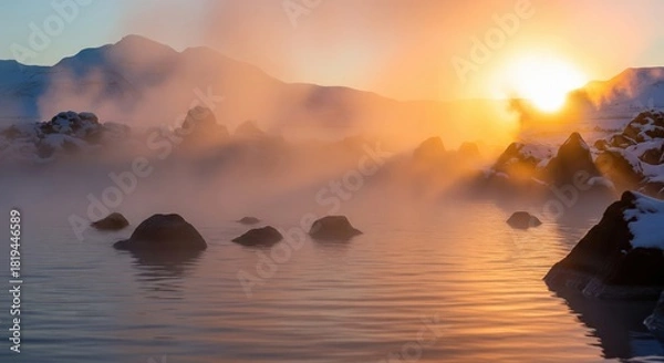Fototapeta Beautiful Sunset Over Misty Hot Springs with Snowy Mountains in Background – Tranquil Travel Scene