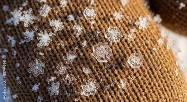 Fototapeta Close-up of Intricate Snowflakes on Warm Knit Fabric during Winter Seasonal Change