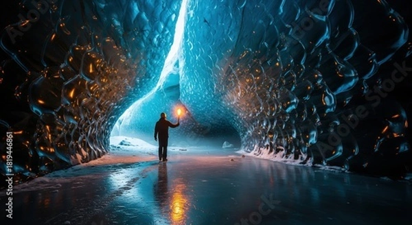 Fototapeta Stunning Ice Cave Exploration with a Traveler Holding a Torch in a Glacial Environment