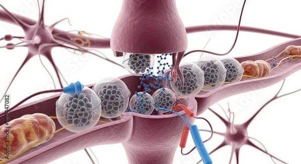 Fototapeta Medical illustration of a synapse with neuron cells for scientific study