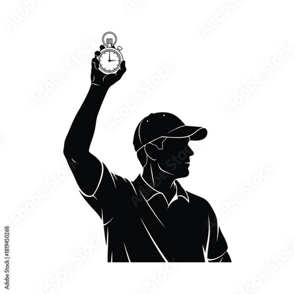 Fototapeta Stopwatch Timer Silhouette Vector Illustration Hand Holding Timekeeper Countdown Measurement Sport Activity Chronometer Deadline Event Achievement