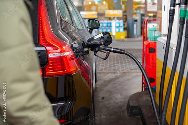 Fototapeta A partial view of a car with a fuel nozzle inserted into the tank at a gas station, showing the refueling process, human interaction with vehicles, and urban infrastructure development for automobiles