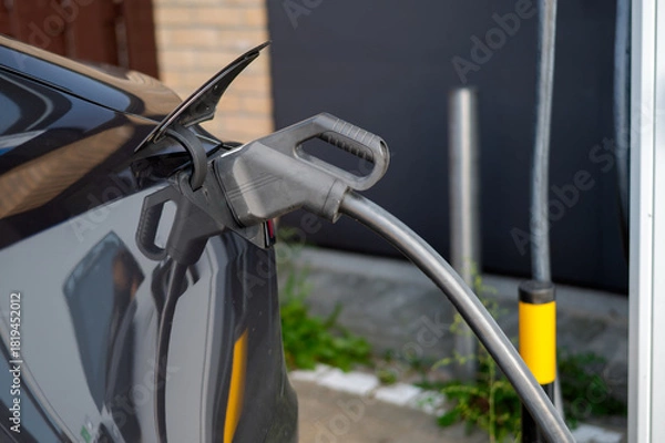 Fototapeta A partial view of an electric car with a plug connected during charging, showing the recharging process, growth of urban infrastructure, and adoption of modern eco-friendly technologies in transport