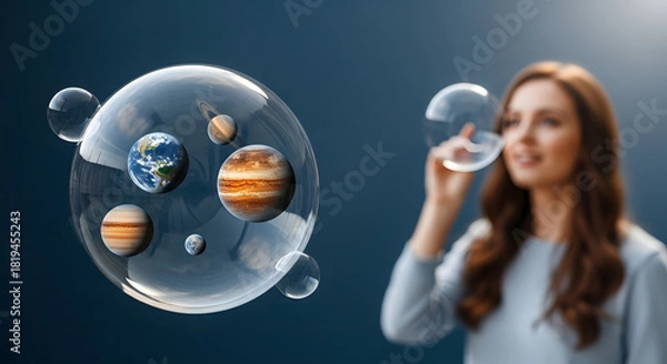 Fototapeta Young woman's hand holding a glowing blue digital globe for future technology concept and social network success