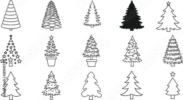 Obraz Stylized Christmas Tree Silhouette Collection Featuring Decorative Holiday Designs, Ornaments, Star Elements, and Festive Minimalist Shapes