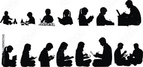 Obraz Silhouette Vector Illustrating Learning Progression from Childhood to Adulthood Through Reading, Writing, Mentoring, and Educational Activities