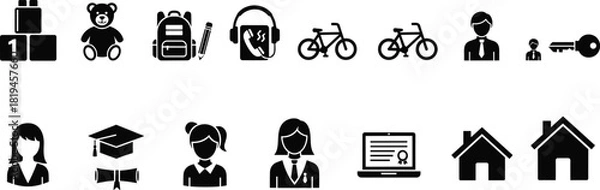 Obraz Silhouette Vector Icons Representing Education Journey from Early Childhood to Graduation, Career, and Online Learning Stages