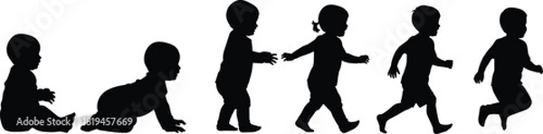 Obraz Silhouette Vector Illustrating Baby Development Stages from Sitting and Crawling to Standing, Walking, and Running Progression