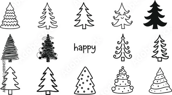 Obraz Hand-Drawn Christmas Tree Silhouette Set Featuring Unique Holiday Designs, Ornaments, Swirls, and Festive Minimalist Style