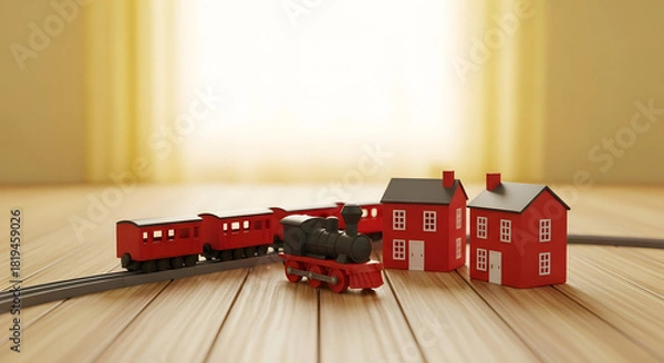 Fototapeta Toy house building model on a wooden floor background with vintage railway design