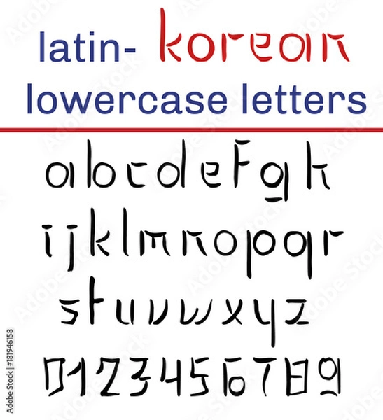 Fototapeta Korean style latin alphabet. Lowercase letters and digits. Hand written font on white background