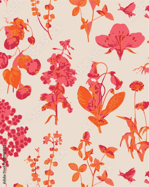 Fototapeta Romantic floral print with wildflowers sketch. Seamless pattern, gentle botanical background with various small flowers. Vector illustration.