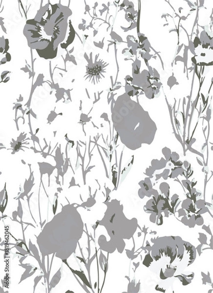 Obraz Romantic floral print with wildflowers sketch. Seamless pattern, gentle botanical background with various small flowers. Vector illustration.