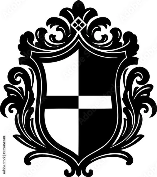 Fototapeta Elegant black and white heraldic crest with ornate scrollwork, symbolizing prestige, heritage, and noble lineage for sophisticated branding.