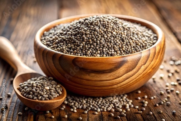 Obraz Wooden bowl filled with perilla seeds and a wooden spoon on a rustic wooden surface close up shot