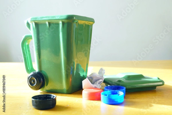 Obraz Miniature wheeled garbage container with colorful plastic caps and paper waste beside it. Represents sustainable living practices, zero-waste lifestyle promotion, and domestic waste management.