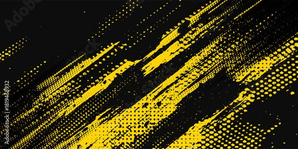 Fototapeta Yellow and black backdrop with dot halftone pattern element. Abstract brush grunge background. retro comic concept for your graphic design, banner or poster. Vector illustration.