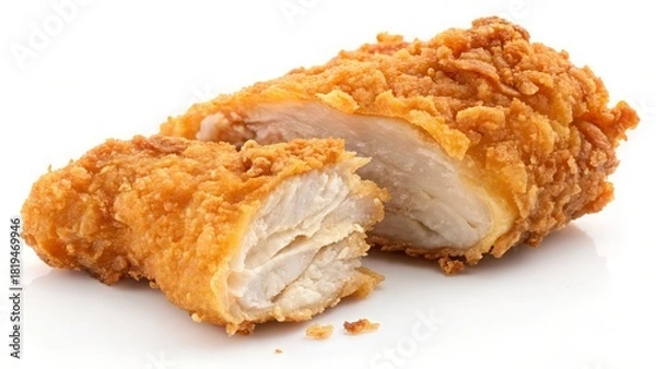 Obraz Golden crispy fried chicken breast, sliced to show juicy meat inside, perfect for fast food menus and delicious dinner promotions, food photography