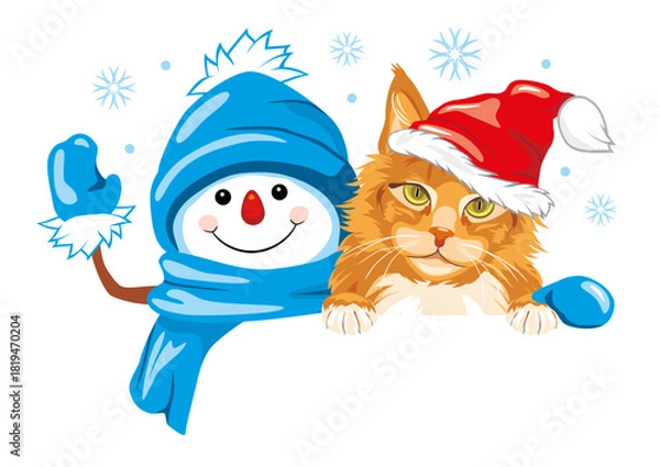 Obraz Peeking waving snowman and cute ginger cat. Festive design