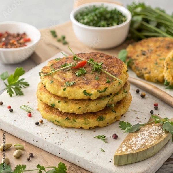 Obraz Delicious homemade potato cakes stacked high, garnished with fresh herbs, perfect for healthy eating promotions or culinary blogs and vibrant food content