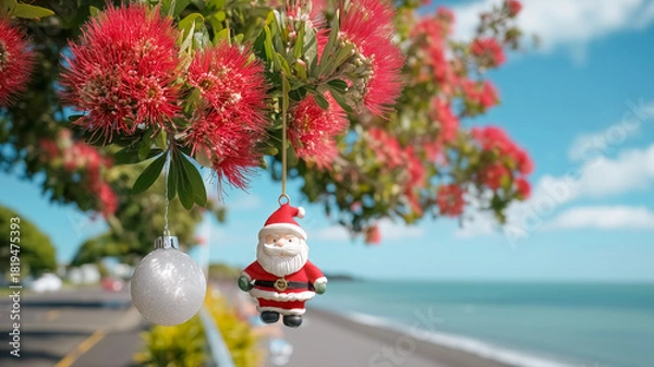 Obraz Blooming pohutukawa tree (Metrosideros excelsa) decorated with Christmas tree ball and Santa Claus toy on the beach on a sunny day. Iconic New Zealand's native tree. Season greeting card.