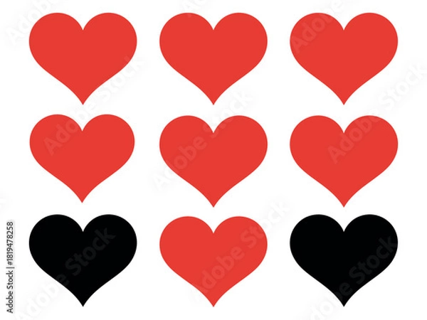 Fototapeta Arrangement of hearts in red and black on a white background surface