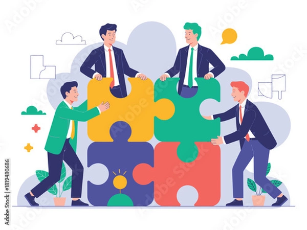 Fototapeta Four business people collaborating to assemble a large puzzle pieces set