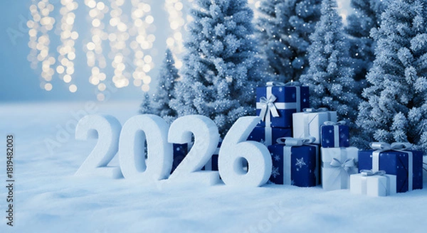 Obraz 雪の中のブルーギフトと2026の数字が彩る爽やかなウィンターホリデー背景
