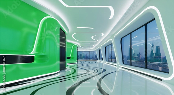 Obraz 曲線デザインとグリーンパネルが印象的な近未来的ハイテクインテリア空間
