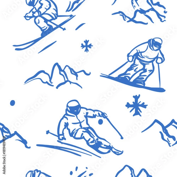Obraz Skiers set, hand drawn sketch, monochrome vector illustration