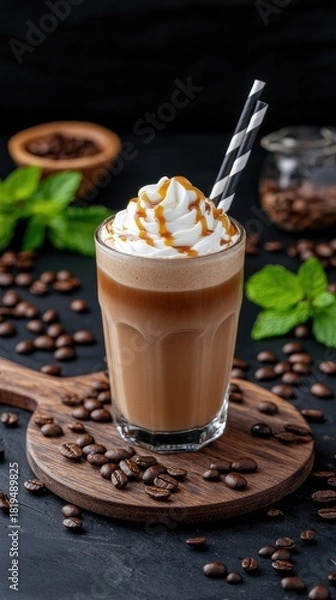 Fototapeta Creamy caramel iced coffee served in a glass with whipped cream and chocolate drizzle on a rustic wooden board surrounded by coffee beans