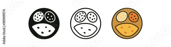 Obraz indian thali icons three round plates divided into small curry rice and bread segments one flat solid monochrome one thin black outline black and white one full color flat icon bright spice