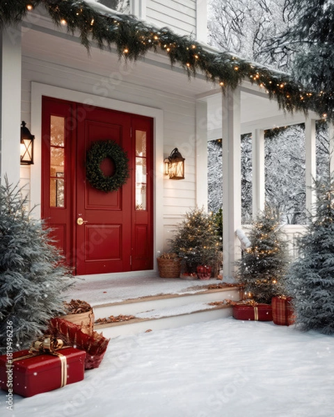 Fototapeta Christmas front porch with red door, festive wreath, snow covered steps, evergreen trees, twinkling lights, and wrapped gifts create joyful scene