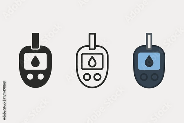 Obraz glucometer icons three blood glucose meter icons with droplet symbol one flat solid monochrome one thin black outline black and white one full color flat icon dark body and blue accent